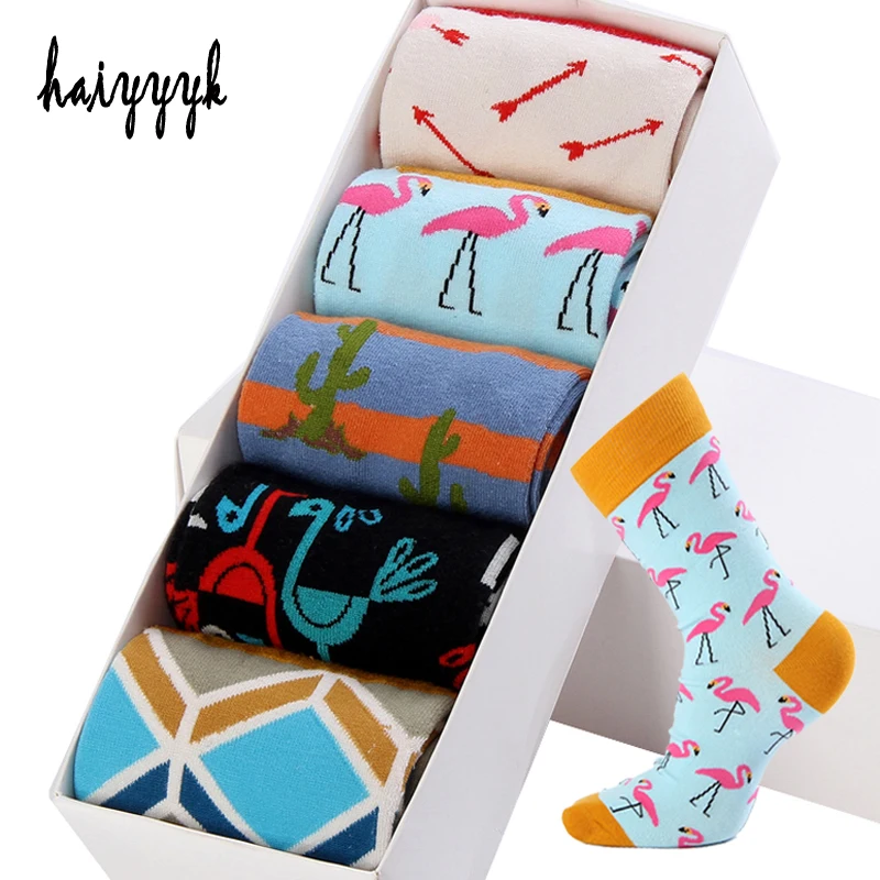 

5 Pair/Lot Combed Cotton Men's Socks Four Seasons Compression Men Socks Happy Colorful Fashion Socks Men Big Size 39-45