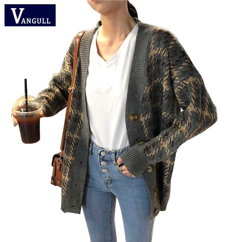 

Elegant Houndstooth Autumn Winter Sweater Cardigan Women Single Breasted Knitted Sweater Casual Color Block Cardigan 2018 New