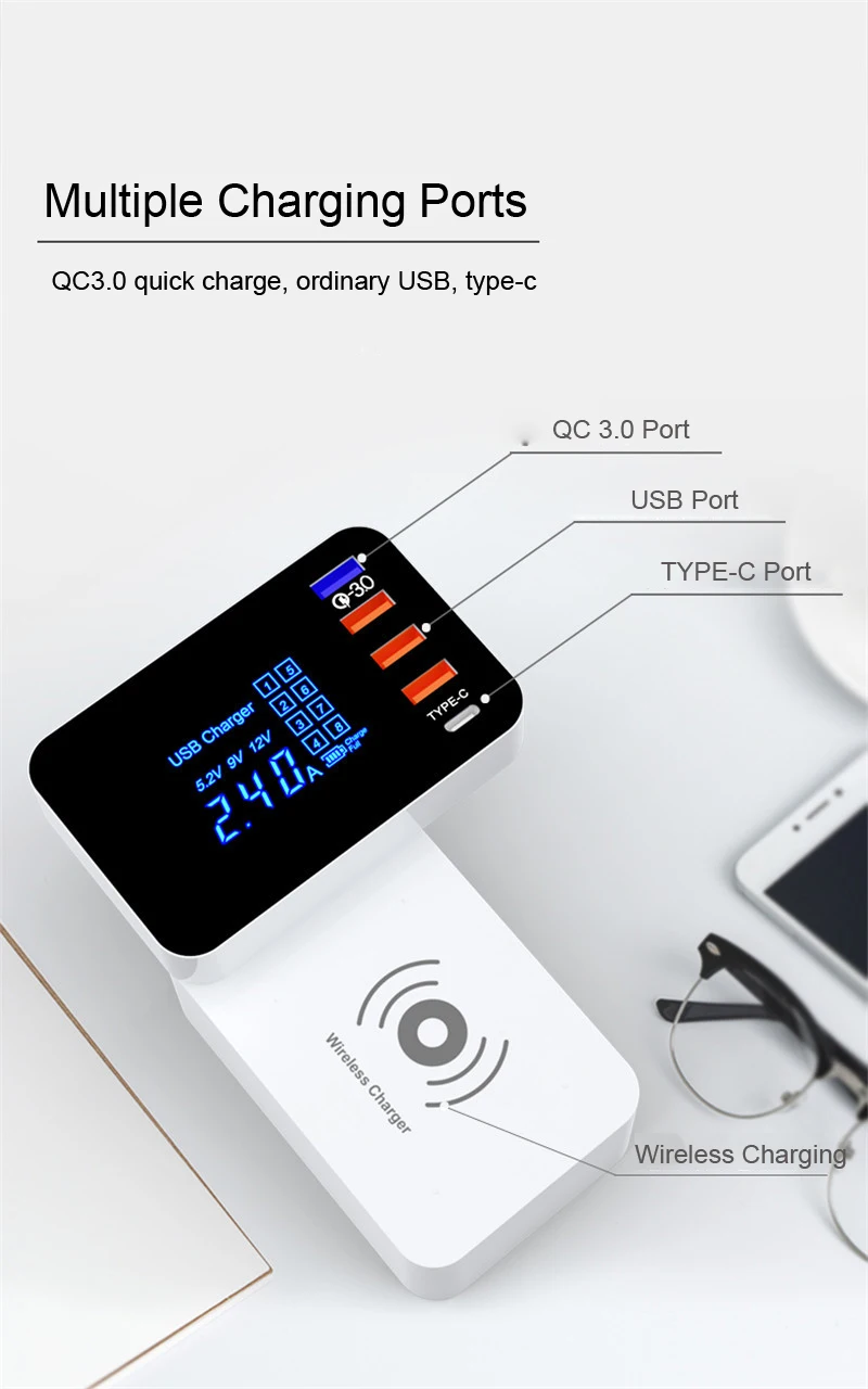 QI Беспроводное зарядное устройство Quick Charge 3,0 Smart usb type C зарядная станция светодиодный дисплей адаптер питания для быстрой зарядки настольное зарядное устройство