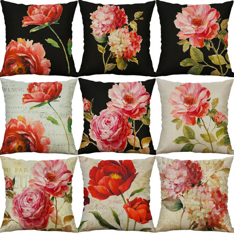 

18" Peony Flower Print Cotton Linen Pillow Cases Cushion Cover Home Decor