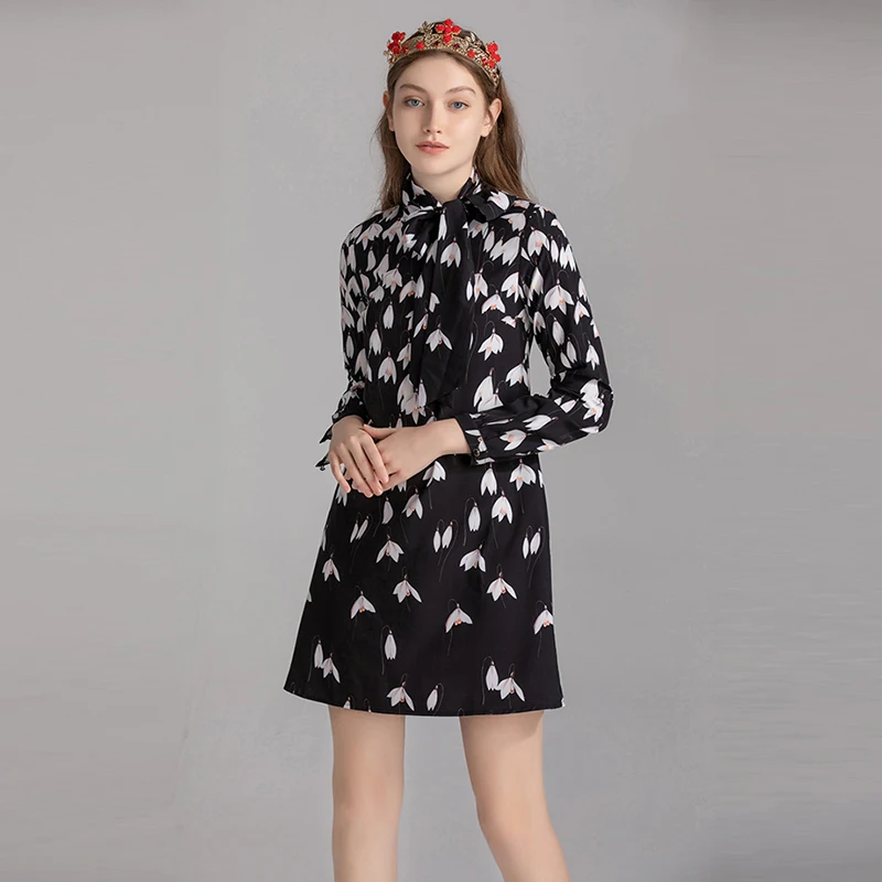 MIUXIMAO Fashion Runway Design Fall Casual Dress Women Magnolia Flower Print Bow Full Sleeve Vintage Dress Women vestido