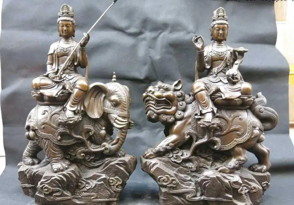 

12' China purple bronze Wenshu lion and Puxian elephant buddha Sculpture Statue