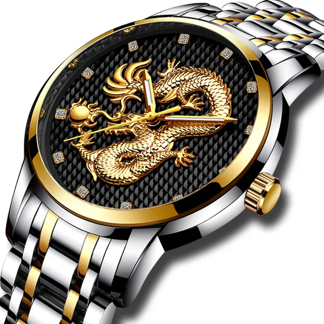

2019 LIGE Mens Watches Top Brand Luxury Gold Dragon Sculpture Quartz Watch Men Full Steel Wristwatch +box Relogio masculino