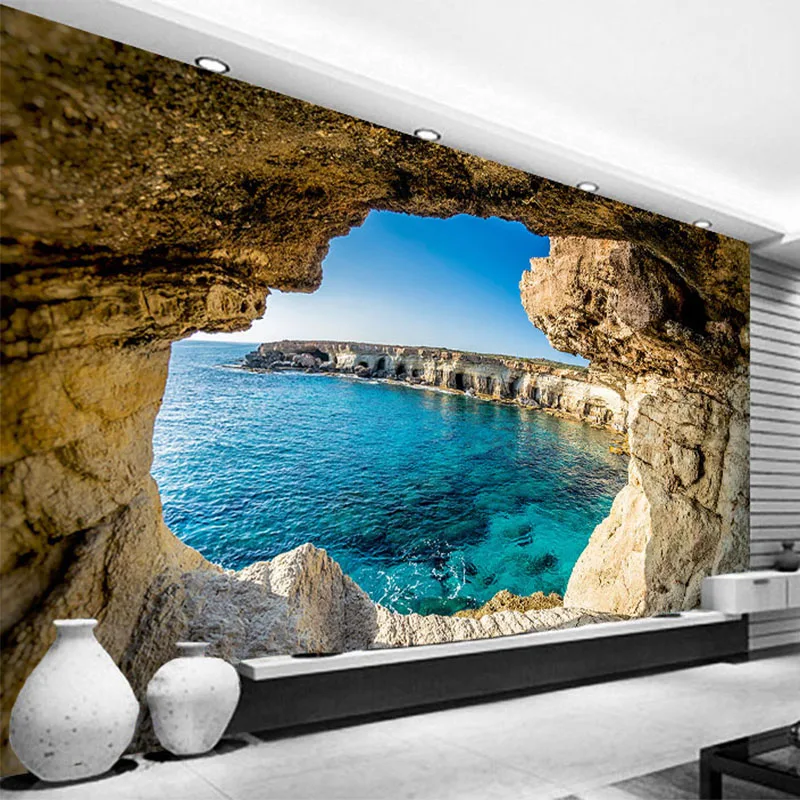 Купить фото обои современный простой пещера морской пейзаж природа фреска гостиная спальня интерьер декор обои пространство расширение обои в интернет-магазине с бесплатной доставкой из Китая, низкие цены