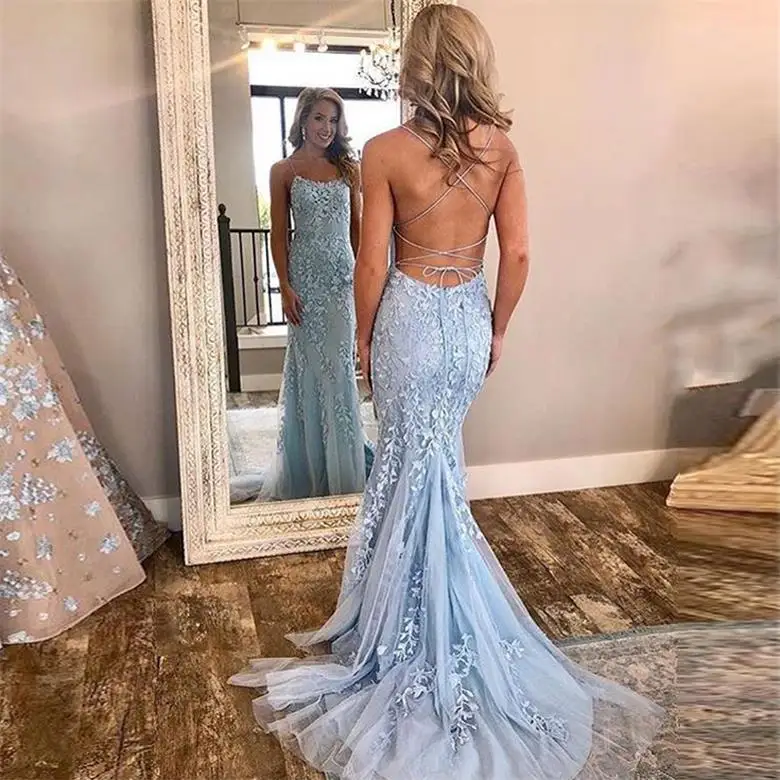 

Elegant Mermaid Evening Dress 2020 Spaghetti Sleeveless Lace Appliques Tulle Prom Dresses Vestido de festa Backless Party Gowns