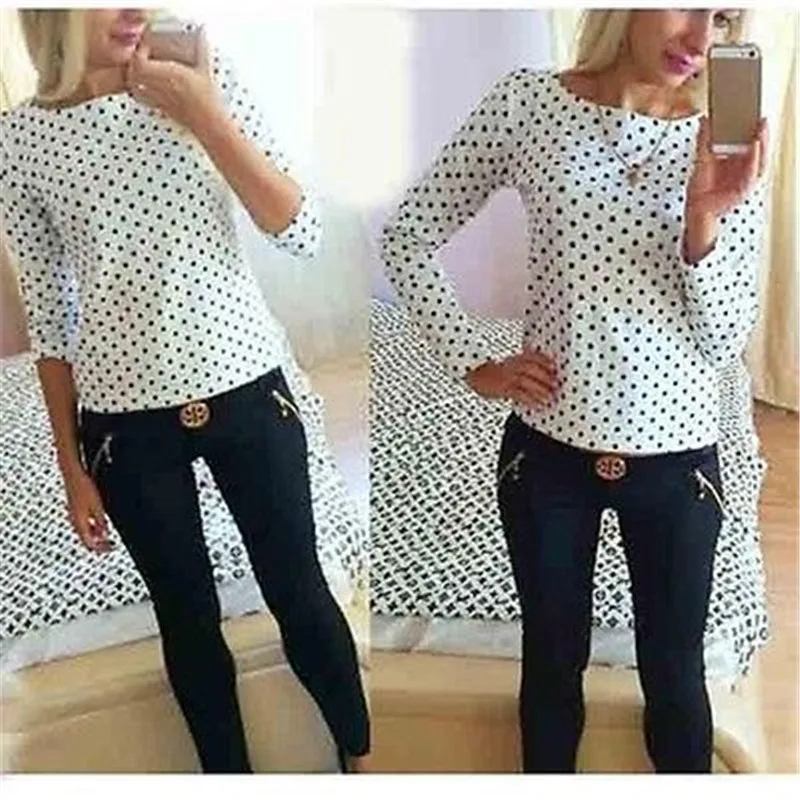 

New Arrival Stylish Womens Vintage Polka Dots Long Sleeve Round Neck Shirts Chiffon Casual Tops Shirt Blouse Brief Custume Wear