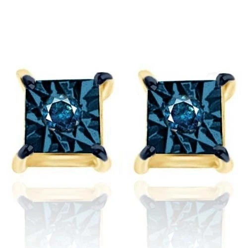 Princess Cut Blue Simulated Diamond 14K Yellow Gold Over Solitaire Stud Earrings
