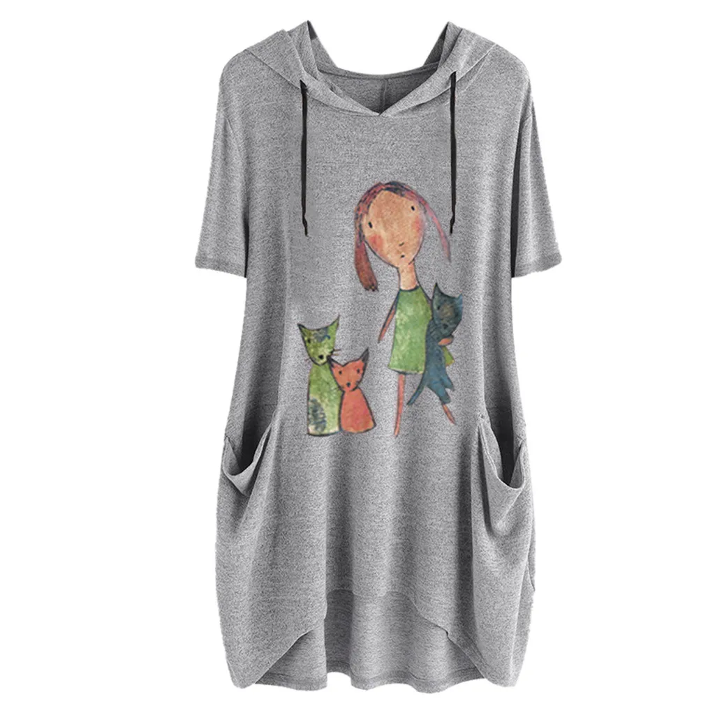 

new tshirt women plus size Casual girl Print Short Sleeves Shirts Side Pocket Hooded Irregular Top cotton tee shirt femme#g30