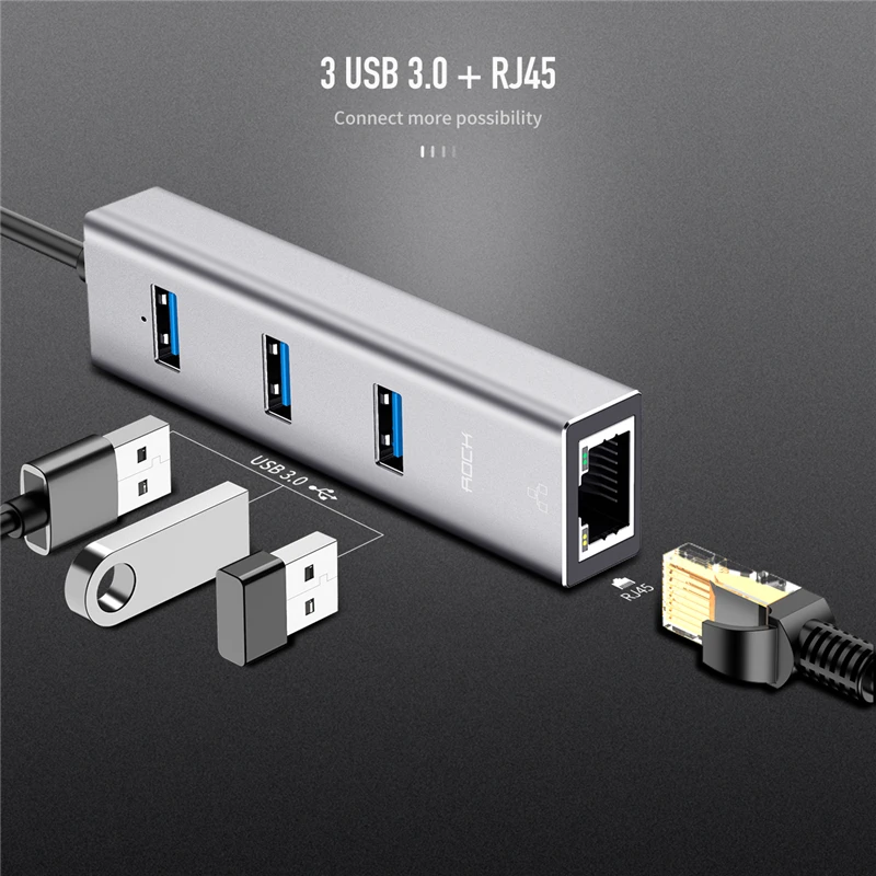 

ROCK 4 in 1 Type C to USB 3.0 Rj45 HUB Converter For MacBook Pro USB C Gigabit Lan Ethernet Network Adapter USB Splitter