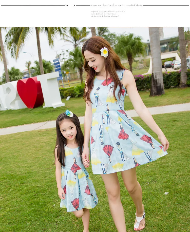 2017 Mother Daughter Dresses Outfits Summer Fashion Mom Kids Sleeveless