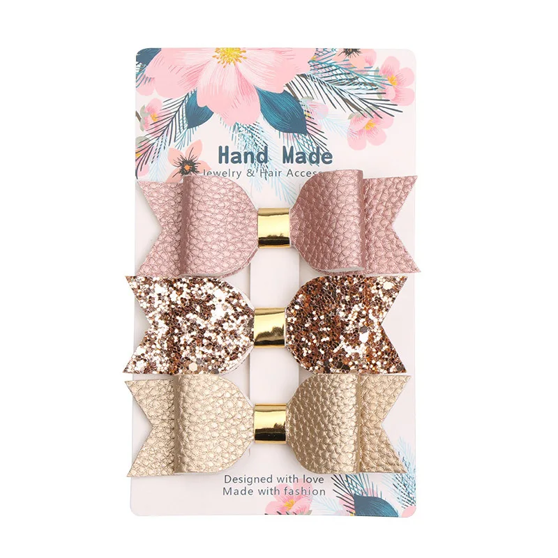 

3Pcs/Set Glitter Hair Bow Sparkly Leather Hairpins For Girl Handmade Bowknot Hair Clip Princess Party Headdress Hair Accessories