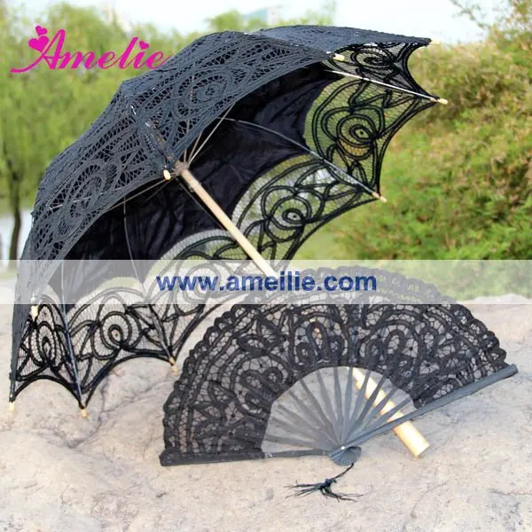 

Belgian Bridal Umbrella And fan Black Lace Parasol Wedding Set