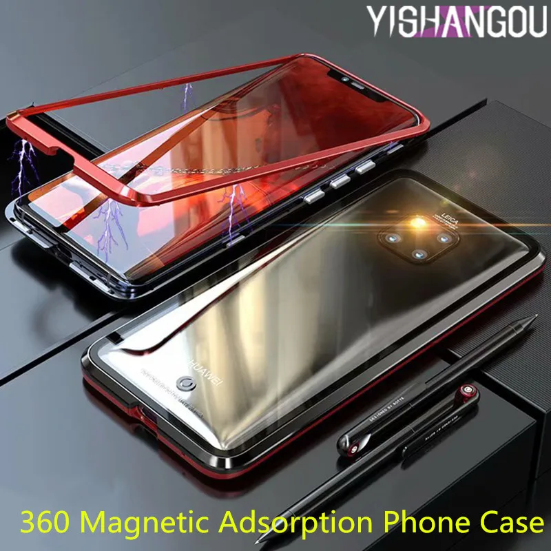 

YISHANGOU Luxury 360 Magnetic Adsorption Phone Case For Huawei Mate 20 Pro P20 Lite NOVA 3i 3E Tempered Glass Metal Armor Cover