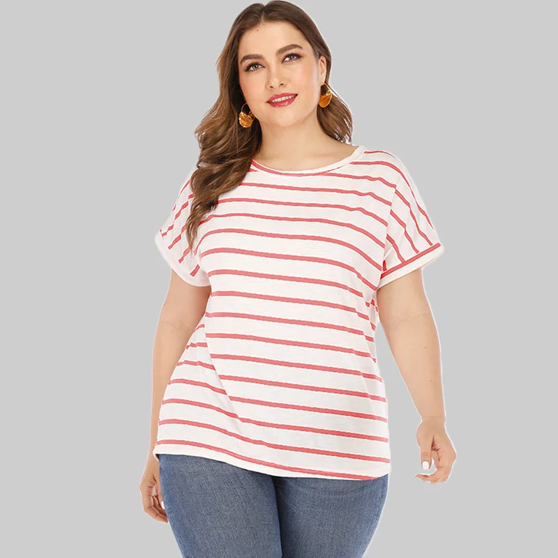 

Big Tall Plus Size Short Sleeves Striped Tops Women O-Neck Casual T-Shirts