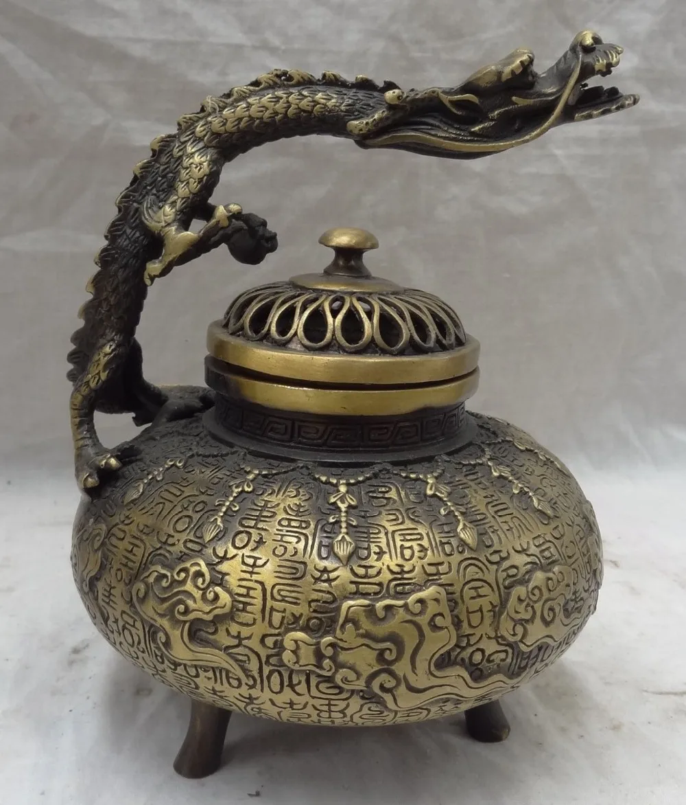 

623++8" Tibet Bronze Buddhist Old HanZi Dragon Head Statue Incense Burner Censermuni