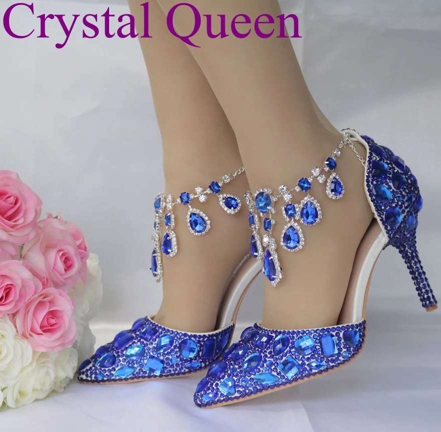 

Crystal Queen Blue Rhinestone Chain Sandals Women Pumps Thin High Heel Pointed Toe Sexy Shoes Wedding Party Luxurious Sandals