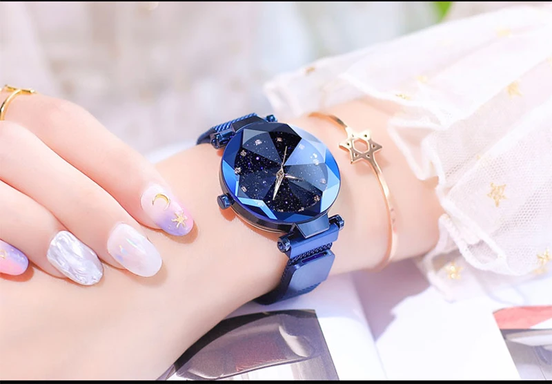 Роскошные женские часы с магнитной сеткой из нержавеющей стали со звездным модным бриллиантом Женские светящиеся блестящие Кварцевые часы relogio femin
