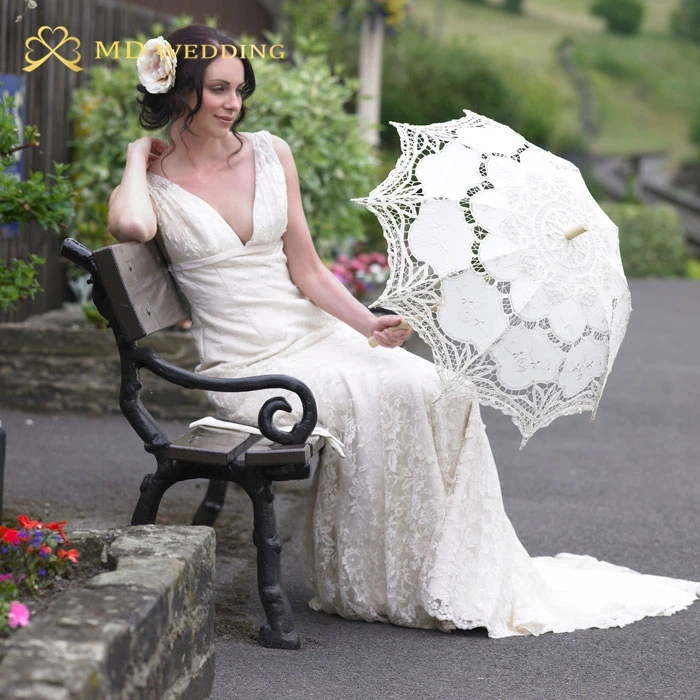 Lace Umbrella Cotton Embroidery Battenburg Lace Parasol Wedding Decoration White Ivory
