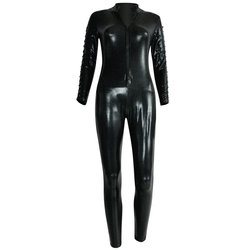 2016 Wholesale Cool Long Sleeve Open Hip Back To Crotch Zipper Rhinestone Belt Jumpsuit Costume Black Vinyl Leather Lingerie W7826 (3)