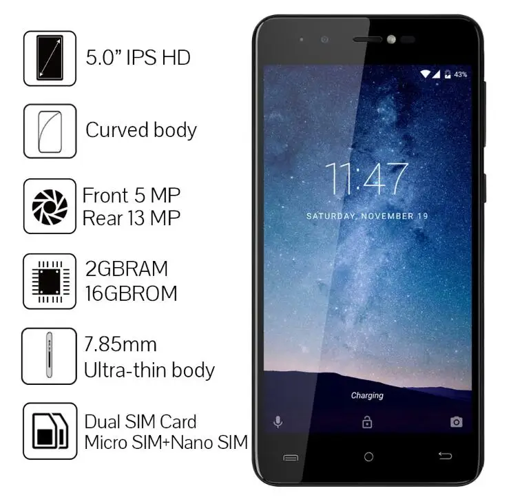 Оригинал CUBOT R9 5 0 дюйма HD 5MP + 13MP двойной сзади Камера Android 7 MTK6580 Quad Core 2 Гб