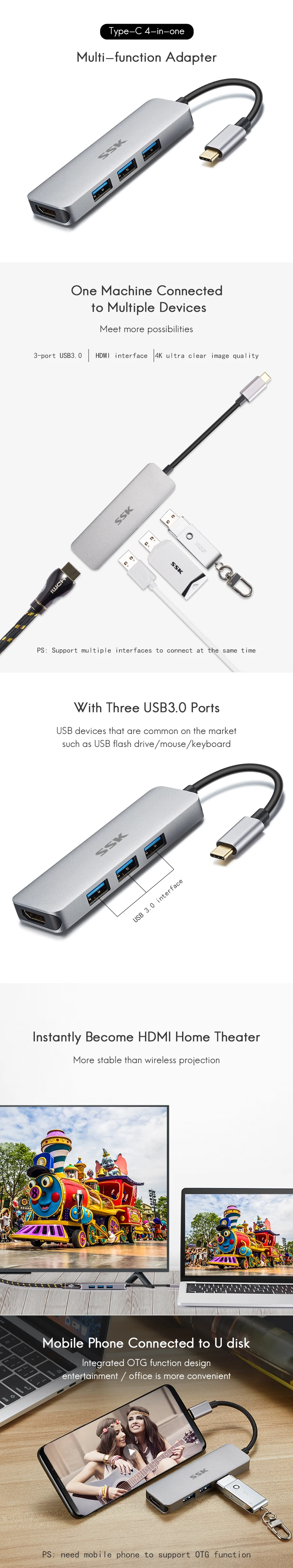 SSK 3 порта USB 3,0 Тип C usb-хаб адаптер док-станция алюминиевый тип-c HDMI интерфейс Поддержка 4K Ультра четкое изображение SHU-C545