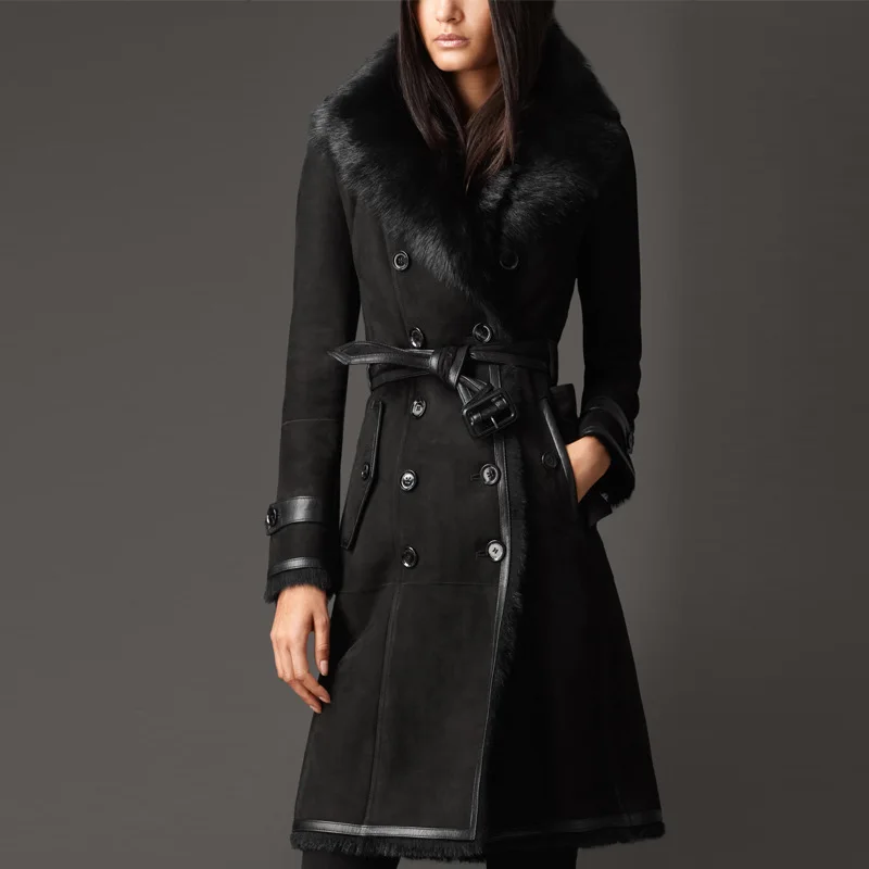 2018 New Winter Women Real Fur Jacket Long Sashes Wool Double-faced Fur Coat Vintage Sexy Warm Slim Belt Outerwear Cacaso AC273