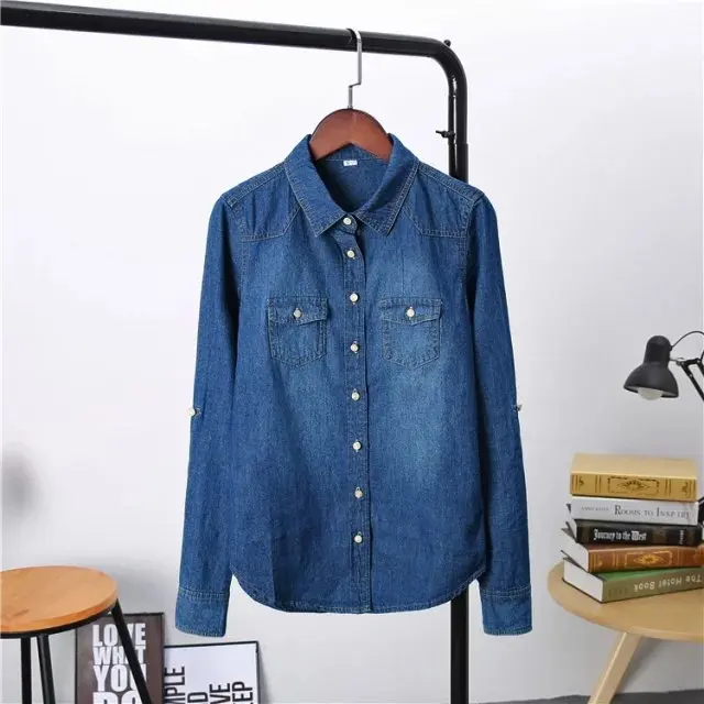  Plus Size Women's Clothing 2020 Spring Long Sleeves Blouse Quality Denim Shirt Vintage Casual Blue 