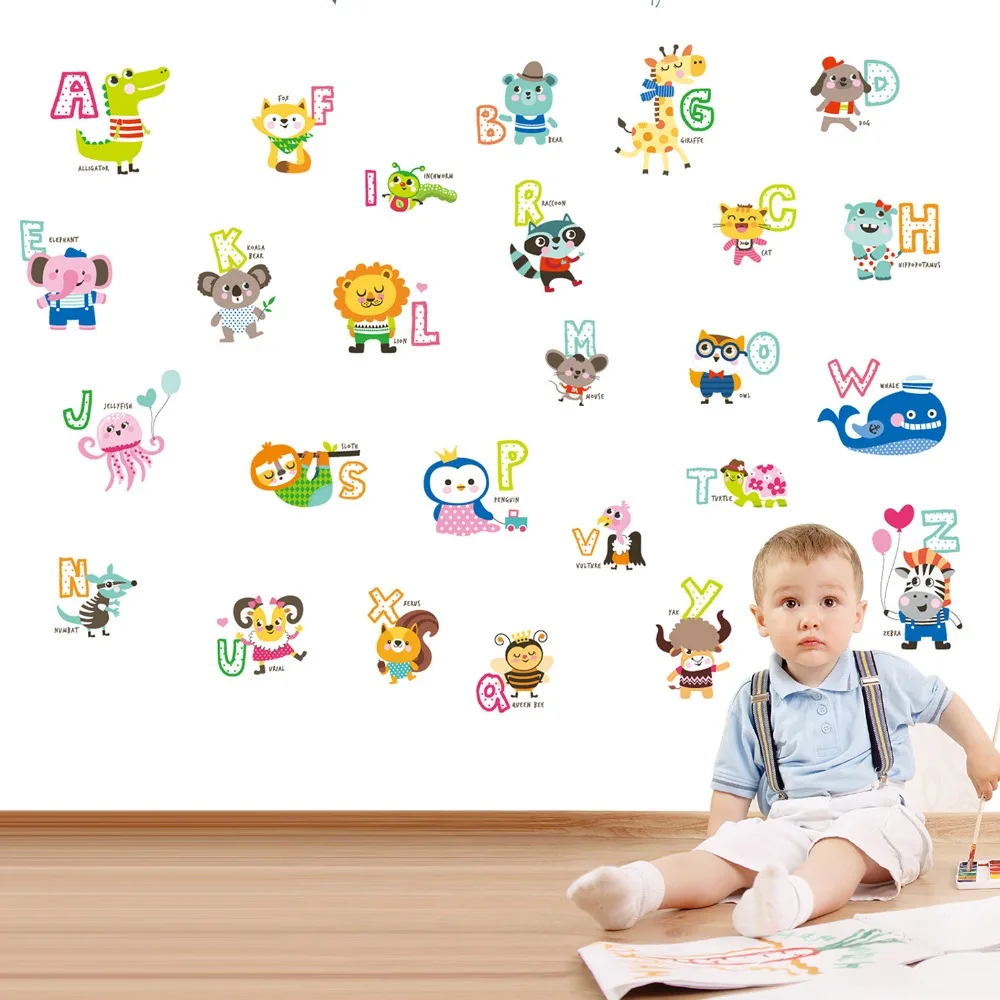New Cartoon Animals 26 English Letters Wall Stickers for Kids Babies
