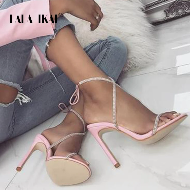 

LALA IKAI Rhinestone Gladiators Lace Up Sandals Pink Solid Fashion Crystal Thin Heel Party High Heel Women Shoes 014C2050 -4