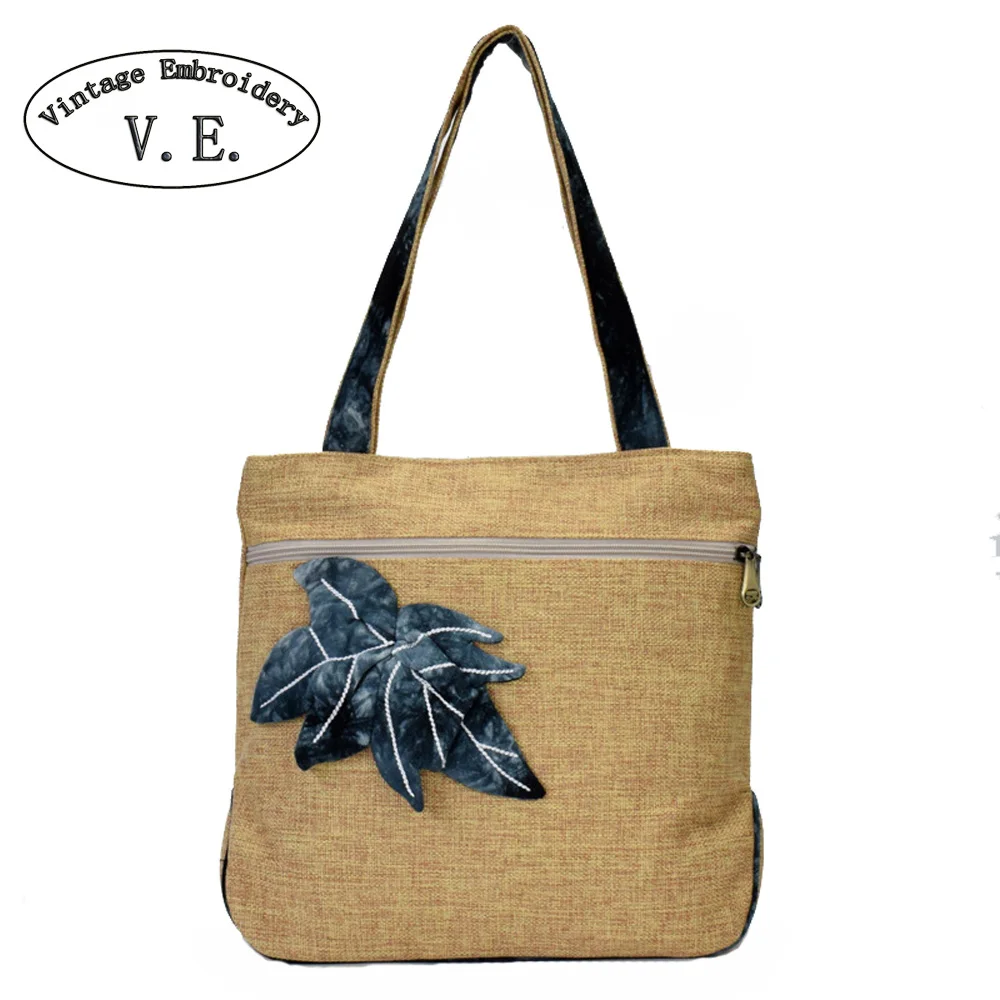 

Vintage Women Cotton Linen Handbag Original Retro Simple Handmade Lotus Leaf Shoulder Bag Large Capacity Square Shopping Bag