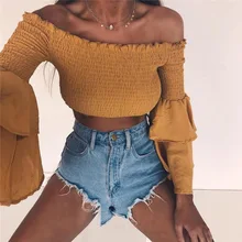 Women Autumn Off Shoulder Top Female Wrap Blouse Flare Sleeve Shirt Open Back Top Backless Strapless Blouse Crop Top T1730593 Women Autumn Off Shoulder Top Female Wrap Blouse Flare Sleeve Shirt Open Back Top Backless Strapless Blouse Crop Top T1730593