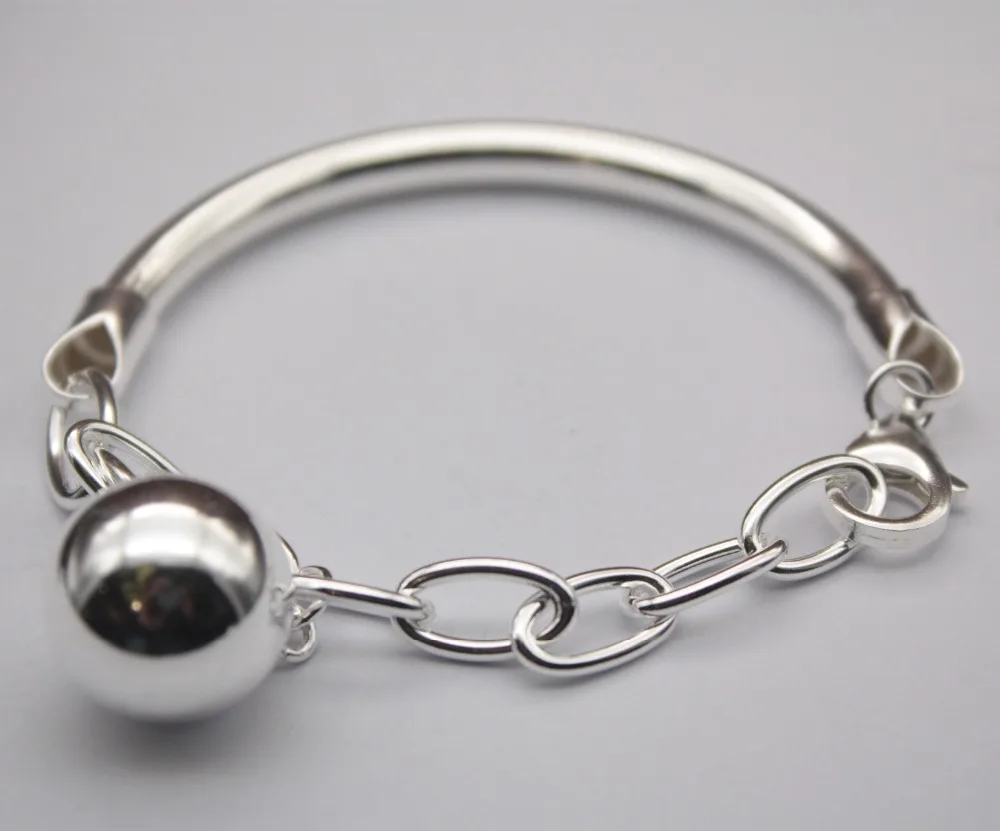 

Pure Sterling Silver S999 Bangles For Women Smooth Ball O Chain Bracelets & Bangles 54-57mm Female Ladies Jewelry Girl