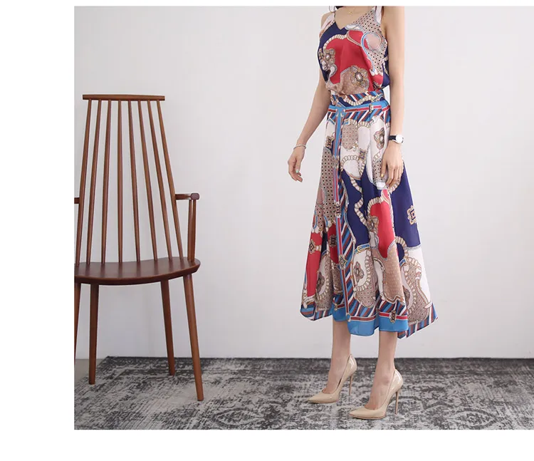 Лето Корейский темперамент v-образным вырезом слинг Топ Модный принт широкая юбка комплект из двух предметов