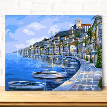 

MaHuaf-X288 DIY oil painting by numbers Hand Painted blue sea city Landscape Acrylic Picture Wall Art drawing by number on canva