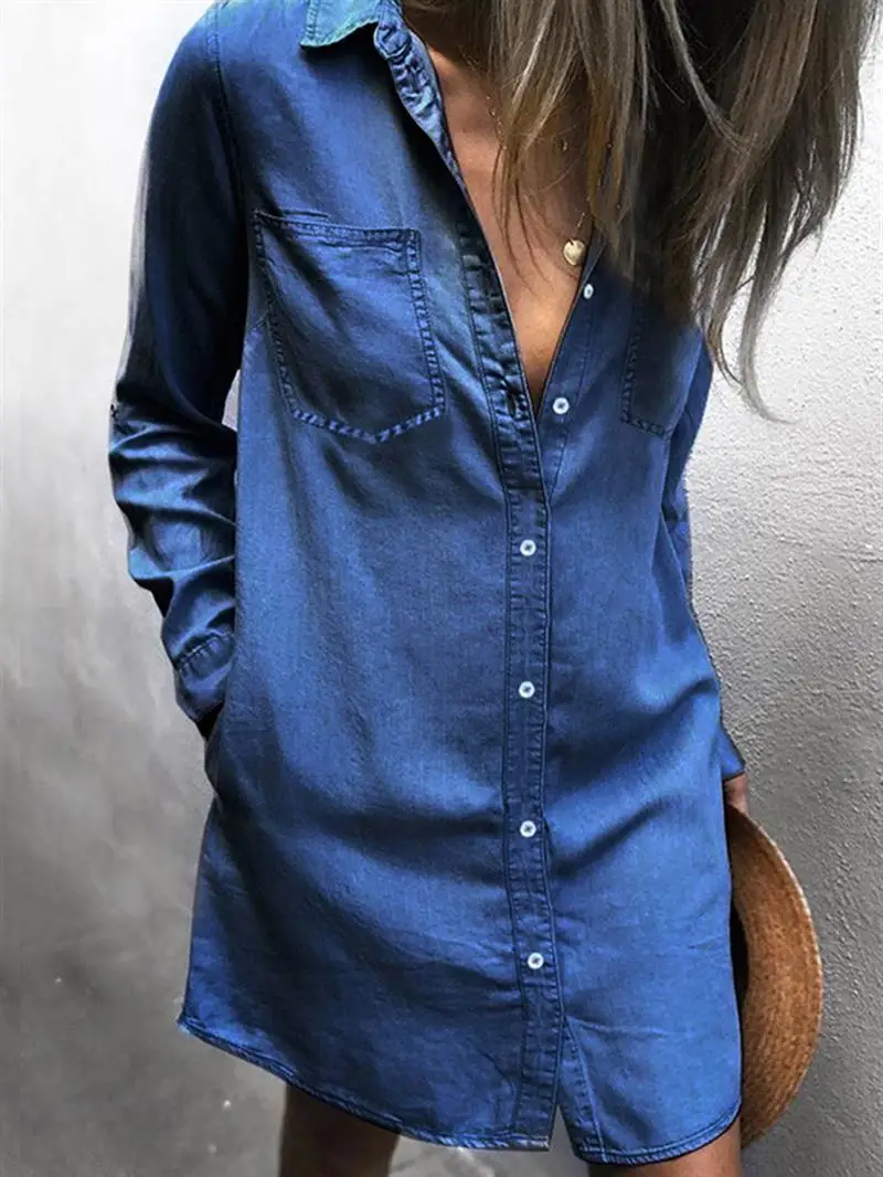 رفض طوق طويل كم فستان كاجوال الصيف جيوب واحدة الصدر Vestidos النساء الأزرق ده مين قميص اللباس SJ2935O
