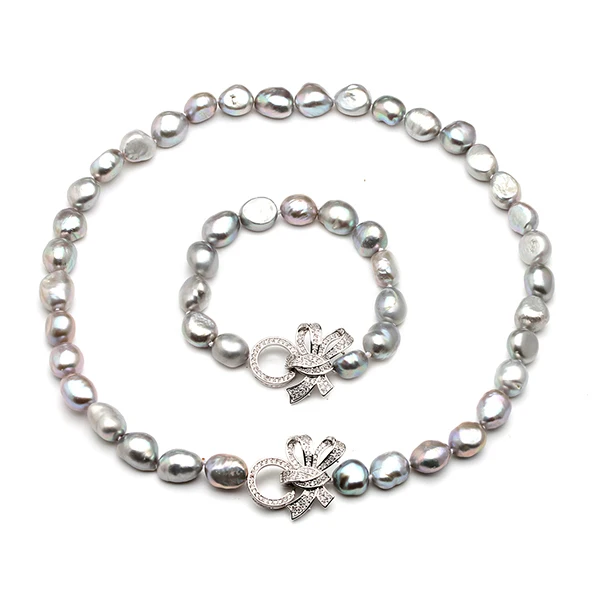 YouNoble барокко 925 серебро белый натуральный пресноводный жемчуг ювелирные наборы настоящий жемчуг ожерелье браслет Ювелирные наборы для женщин - Цвет камня: grey pearl set