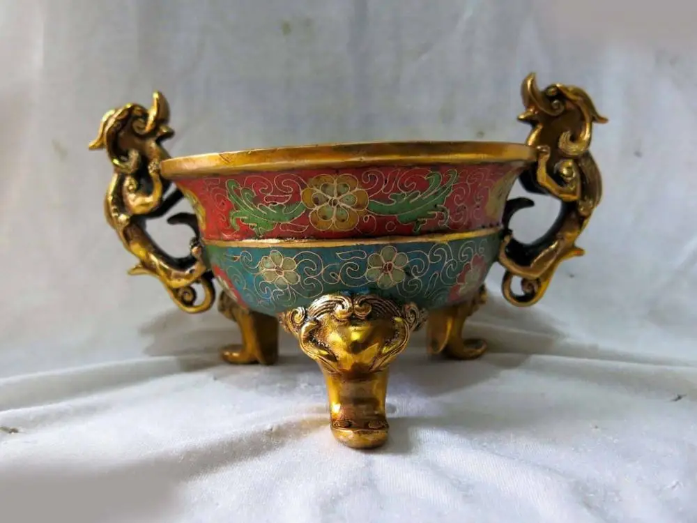 

China bronze gold Cloisonne carved finely dragon Elephant Incense burner Statue (D0426)
