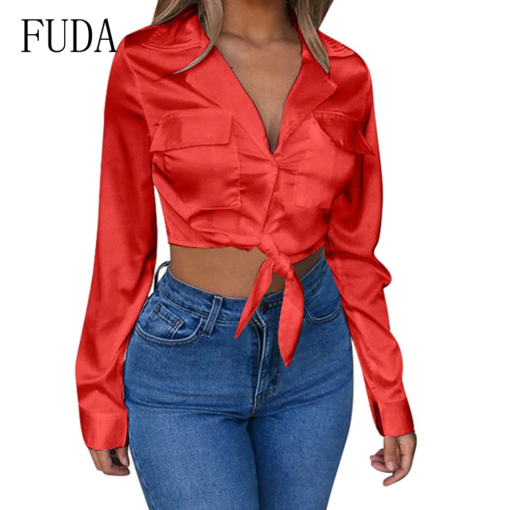 

FUDA Women Casual Tops Blouses Autumn Elegant Long Sleeve Shirt Retro V Neck Chiffon Silk Blouse Female Work Shirts