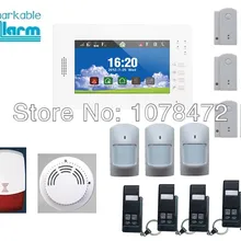 Горячая распродажа! высокого уровня 7 дюймов сенсорный экран 868 МГц сигнализация дома+ детектор дыма, флэш сирены, четырехдиапазонный GSM сигнализация