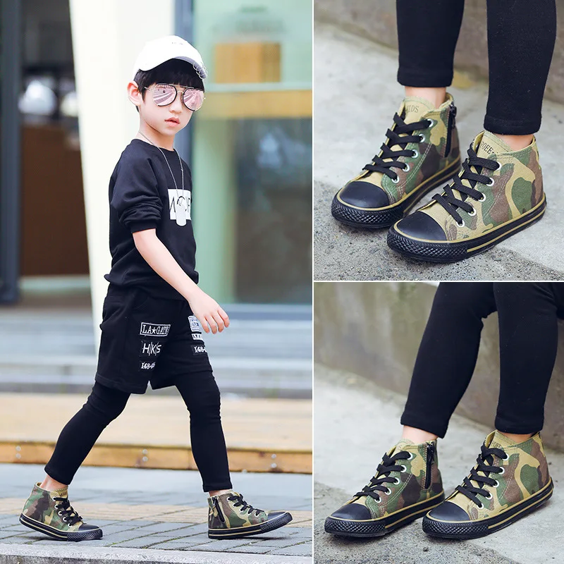 Детская обувь китайский стиль камуфляжные холщовые туфли высокие кроссовки модная обувь для мальчиков боковая молния детская обувь EUR 25-38