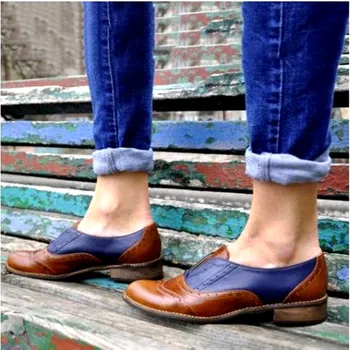 

EOEODOIT Brogue Shoes Women Spring Autumn Round Toe Color Patchwork Oxford Flats Retro Slip On Footwear Plus Size 2019 New