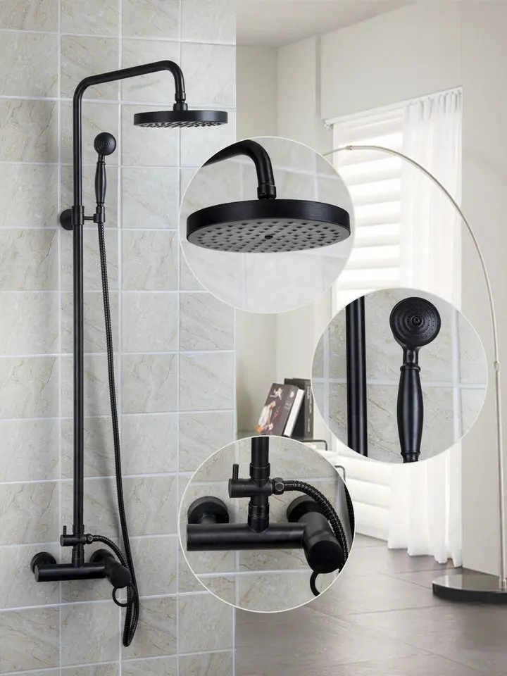Ouboni Shower Set Bathroom Good Quality 53075 Oil Rubbed Bronze Tub Shower Faucet +8 inch Rainfall Shower Head + Hand Shower