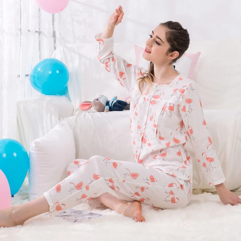 2 Pcs Maternity Set Pajamas Long Sleeve Casual Priting Flamingo Sweet