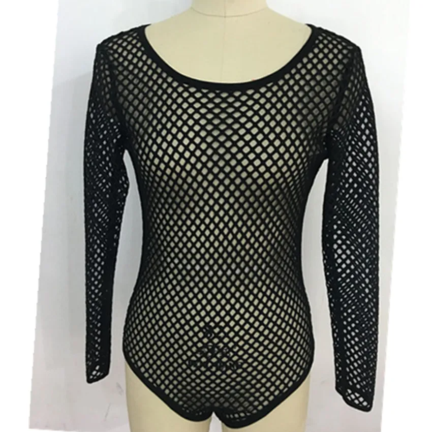 Abbille Sexy Hollow Out Fish Net Bodysuit Womens Long Sleeve Mesh