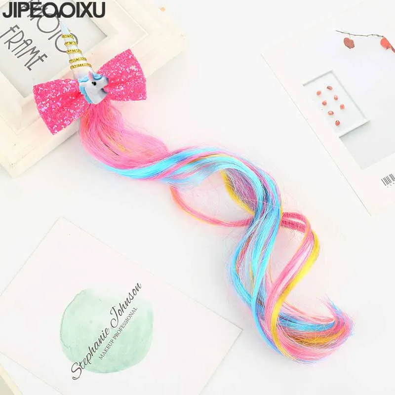 1Pc New Unicorn Hairbands Kids Cute Bow Hairgrips Shining Sequin Wig Hairpins Girls Christmas