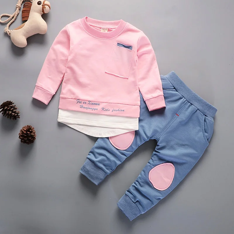 Для мальчиков Комплекты одежды для девочек Детская Хлопковая одежда для детей, футболка штаны, 2 предмета в комплекте, шт./компл. Демисезонный Детская толстовка с изображением Повседневное спортивные костюмы - Цвет: JG 2KD Pink