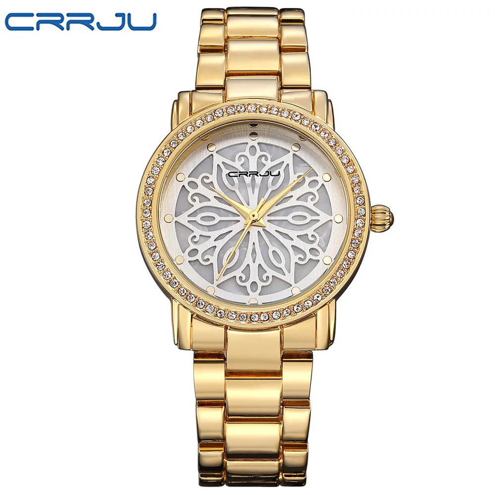 Relogio Feminino CRRJU Роскошные Брендовые женские модельные часы Стальные кварцевые часы с бриллиантами серебряные часы для женщин наручные часы