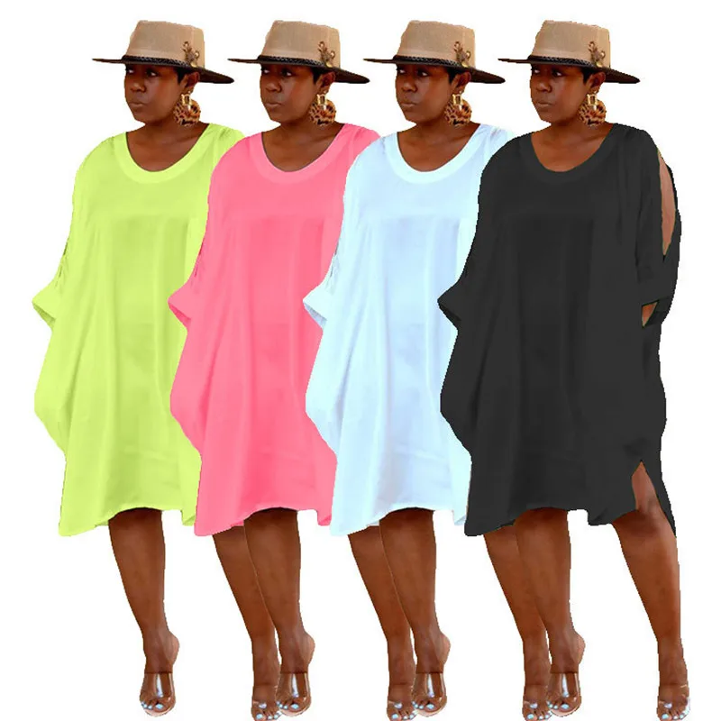 

Summer Womens Fashion Dresses Solid Color Cute Round Neck Short Sleeve Open Cuff Loose Dress Plus Size Knee Length Casual Dress