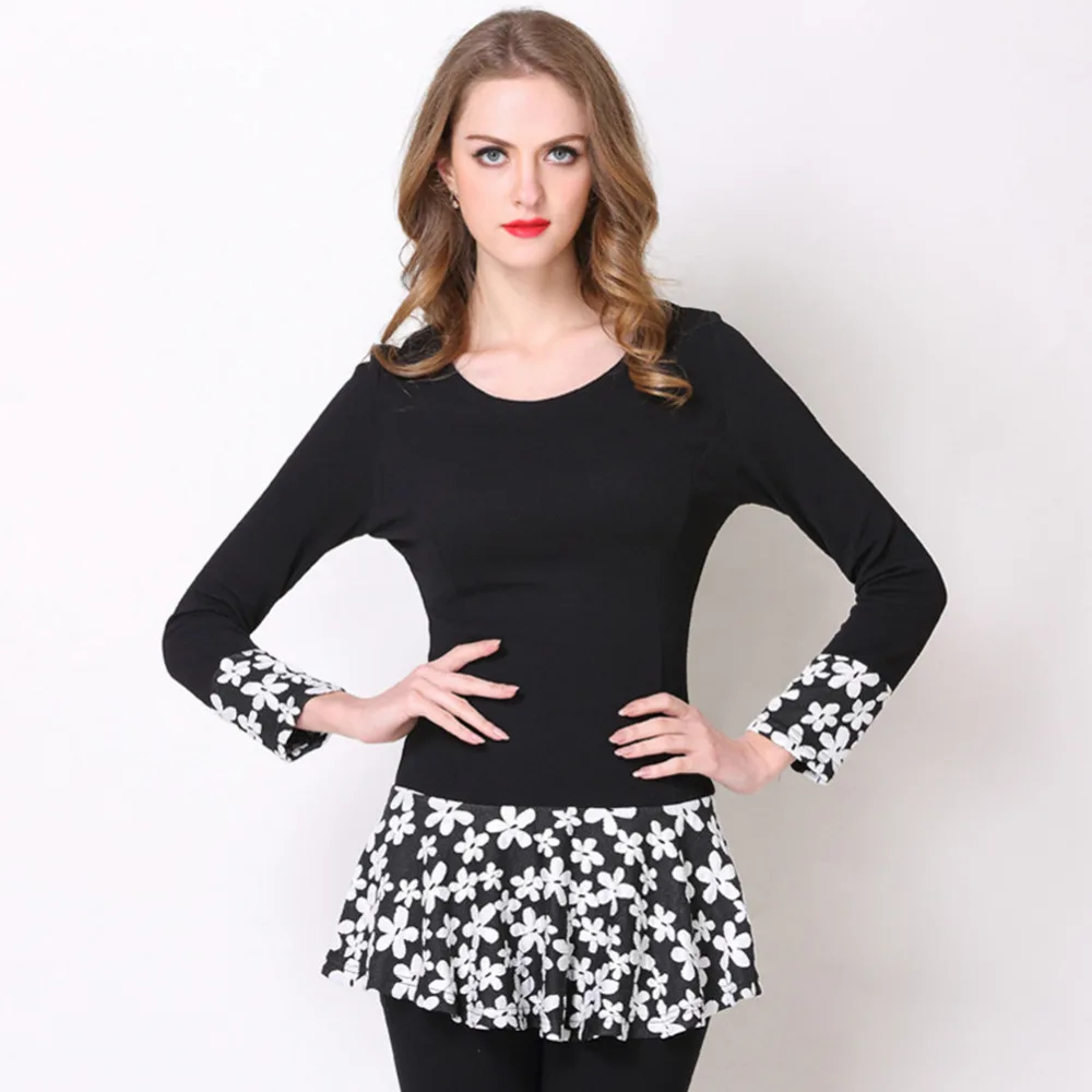 NORA TWIPS Floral Patchwork Sleeve Curved Hem Womens Tee Shirts Autumn Womens T shirts Casual