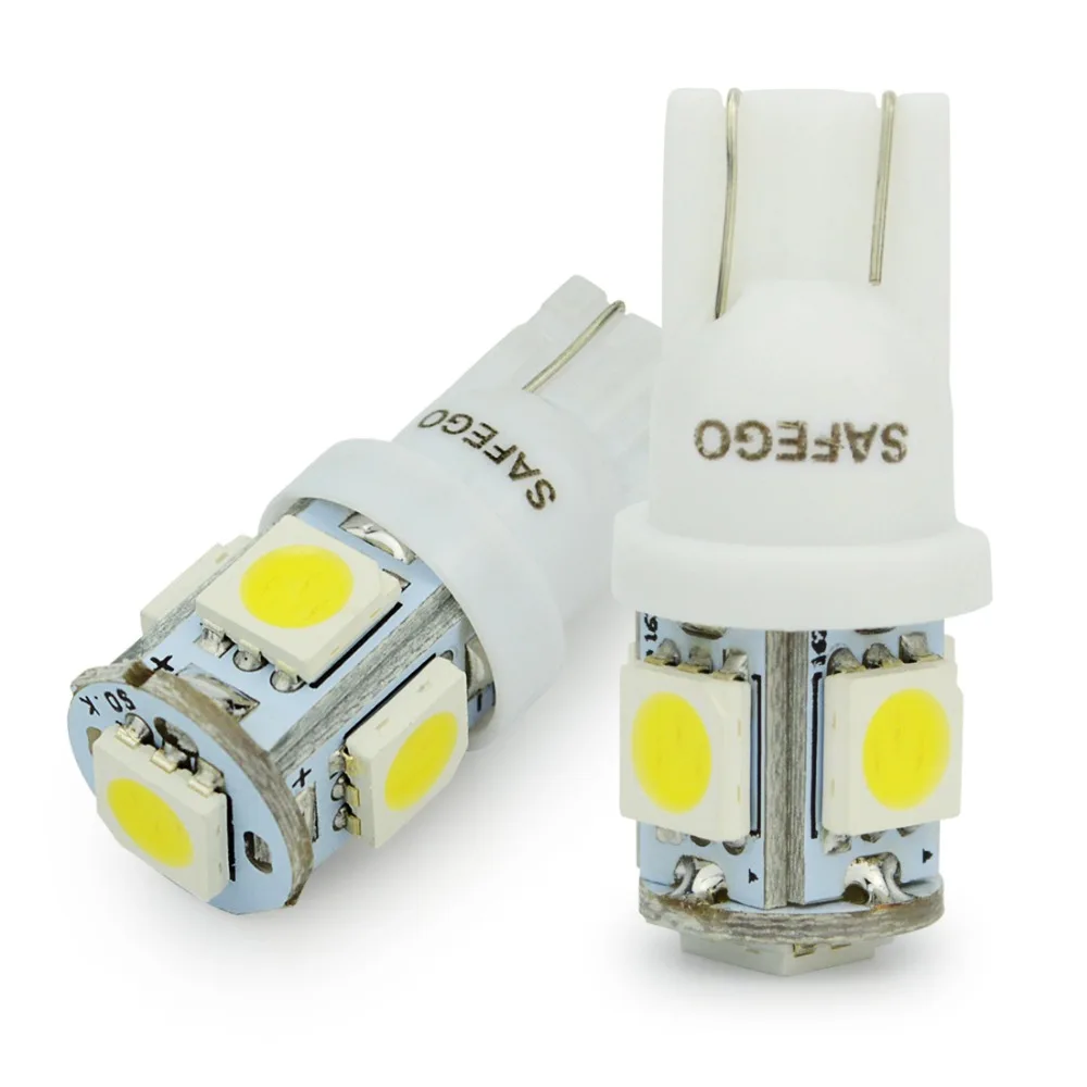 Safego 100 шт. W5W T10 светодиодные лампы 5 SMD 194 168 2825 салона просвет Клин Огни T10 W5W SMD LED 5050 авто лампы накаливания 12 В